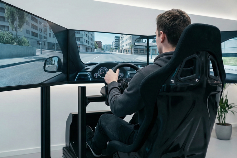 Person sitzt in einem Fahrsimulator mit Lenkrad und Pedalen und fährt eine virtuelle Stadtstraße auf mehreren großen Monitoren.