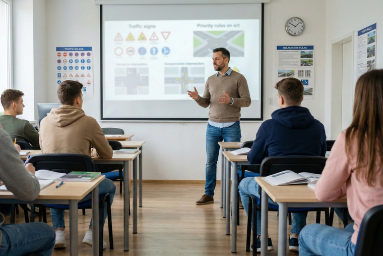 Fahrlehrer erklärt Verkehrsregeln vor einer Präsentationsfolie, während mehrere Fahrschüler an Tischen im Klassenraum sitzen und zuhören.