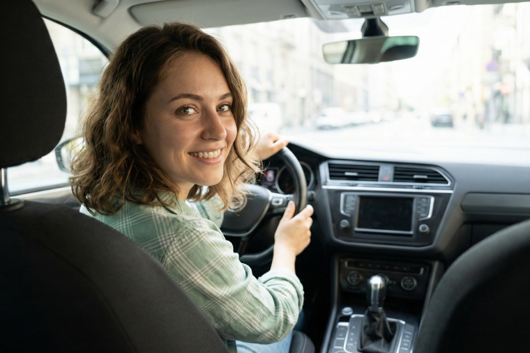 Junge Frau sitzt am Steuer eines Autos, lächelt in die Kamera und fährt durch eine Stadtstraße; Blick aus dem Rücksitz auf das Armaturenbrett.