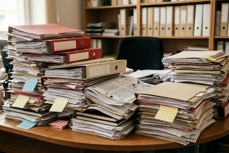 Unordentlicher Büroschreibtisch mit hohen Papierstapeln und Aktenordnern vor einem Regal voller Ordner.