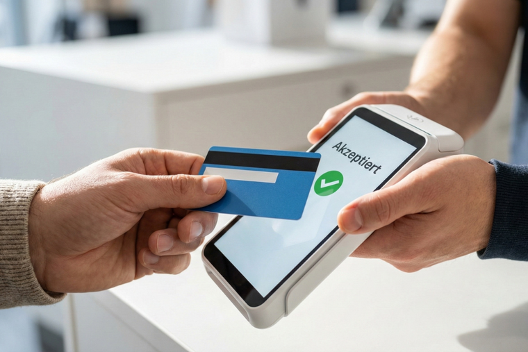 Person hält eine Bankkarte an ein Kartenlesegerät; auf dem Display steht ‚Akzeptiert‘ mit grünem Häkchen für eine erfolgreiche Zahlung.