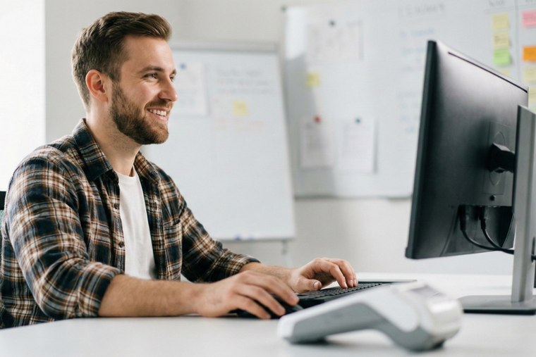 Lächelnder Mann sitzt an einem Schreibtisch und arbeitet am Computer in einem modernen Büro mit Whiteboard im Hintergrund.
