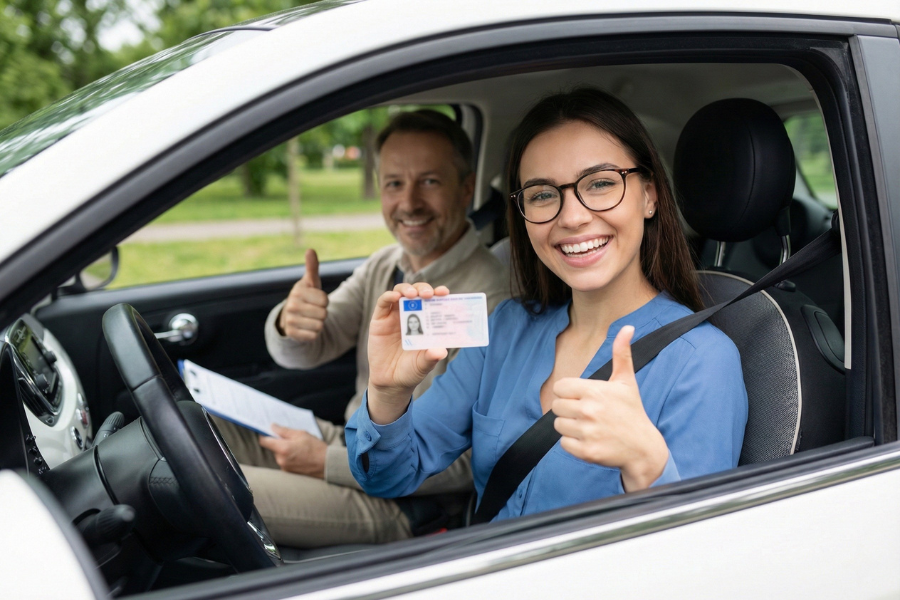 Junge Frau sitzt am Steuer eines Autos, hält stolz ihren Führerschein hoch und zeigt den Daumen nach oben; neben ihr sitzt ein lächelnder Fahrlehrer, ebenfalls mit Daumen hoch.