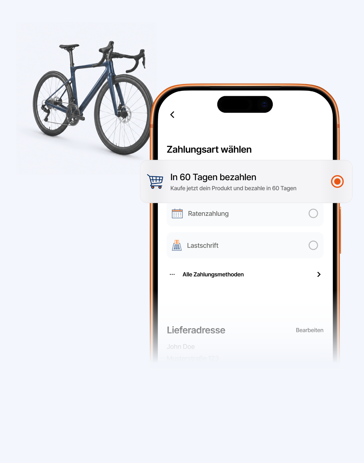 Smartphone mit ausgewählter Buy-Now-Pay-Later-Zahlungsart „In 60 Tagen bezahlen“ neben einem hochwertigen Rennrad als Symbol für flexible Zahlungsoptionen im Onlinehandel.