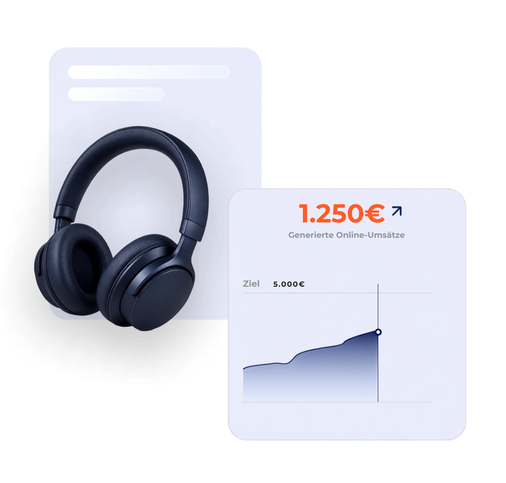 Produktgrafik mit Kopfhörern und Umsatzentwicklung zur Visualisierung von Reward-Programmen und Verkaufssteigerung.