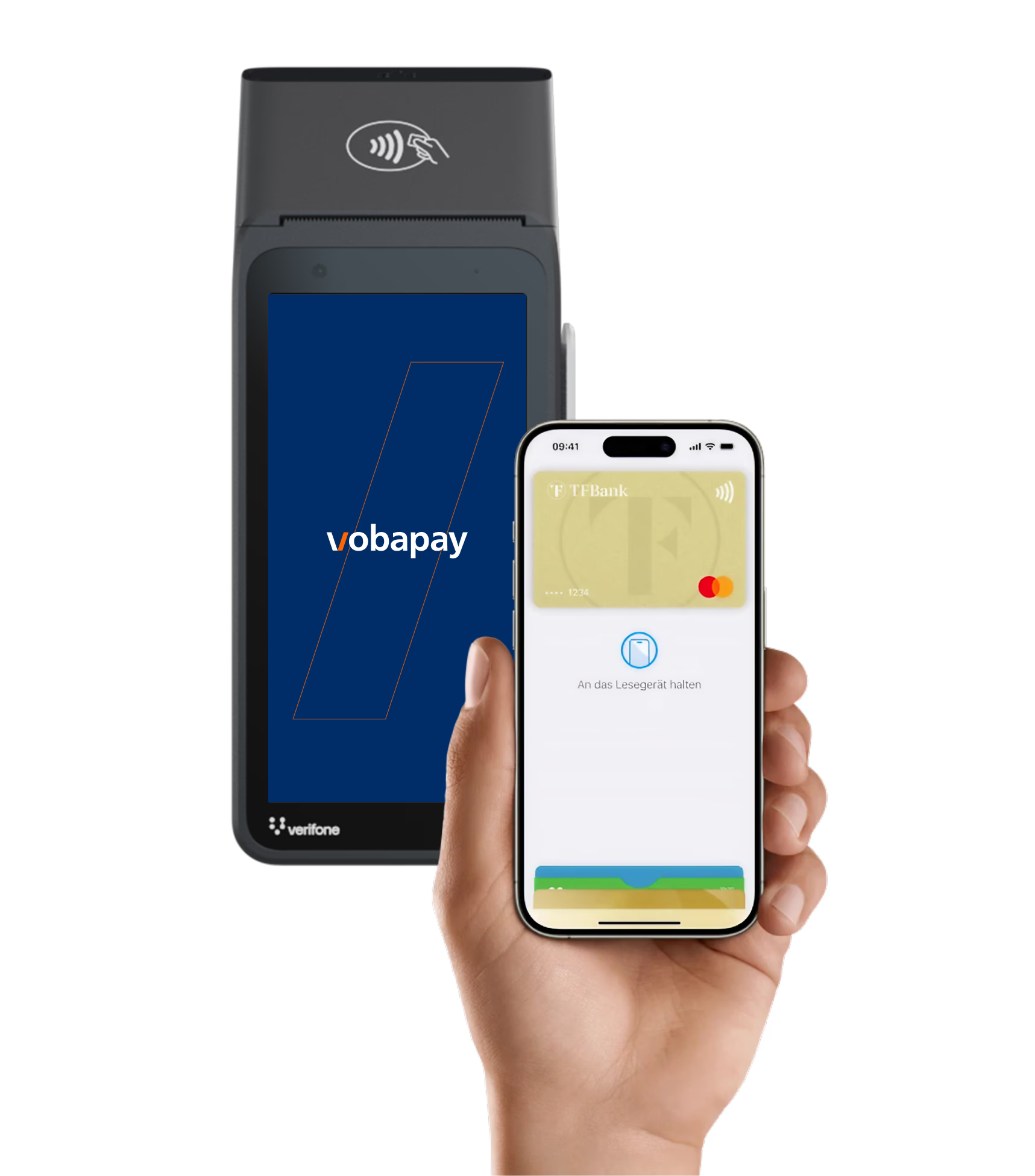 Hand hält ein Smartphone für eine kontaktlose Kartenzahlung vor ein vobapay-Zahlungsterminal.