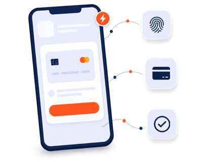 Smartphone-Grafik mit digitaler Zahlungskarte und Symbolen für Fingerabdruck, Kartenzahlung und erfolgreiche Bestätigung.