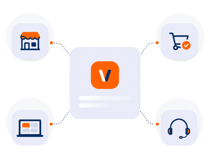 Grafik mit vobapay-Plattform und verbundenen Symbolen für stationären Handel, Onlinehandel, Warenkorb und persönlichen Support.