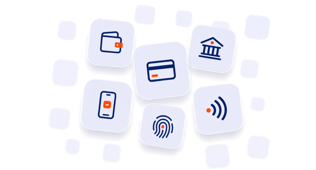 3D-Grafik mit Symbolen für verschiedene Zahlungsarten, darunter Karte, Wallet, Bank, Smartphone, Fingerabdruck und kontaktloses Bezahlen.