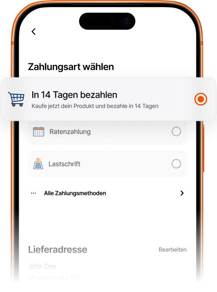 Smartphone zeigt die Auswahl einer Zahlungsart mit der hervorgehobenen Option „In 14 Tagen bezahlen“.