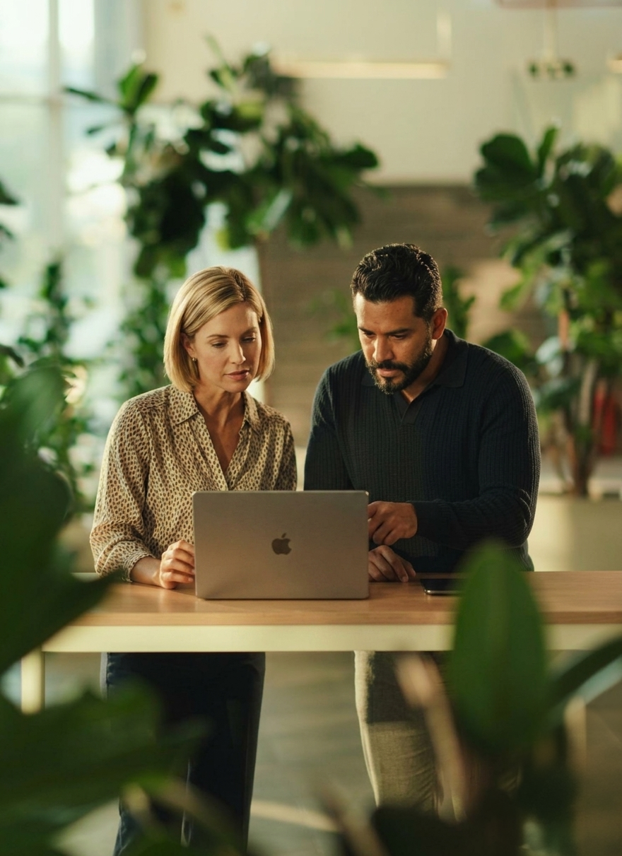 Zwei Personen stehen gemeinsam an einem Laptop in einem modernen, begrünten Arbeitsumfeld.