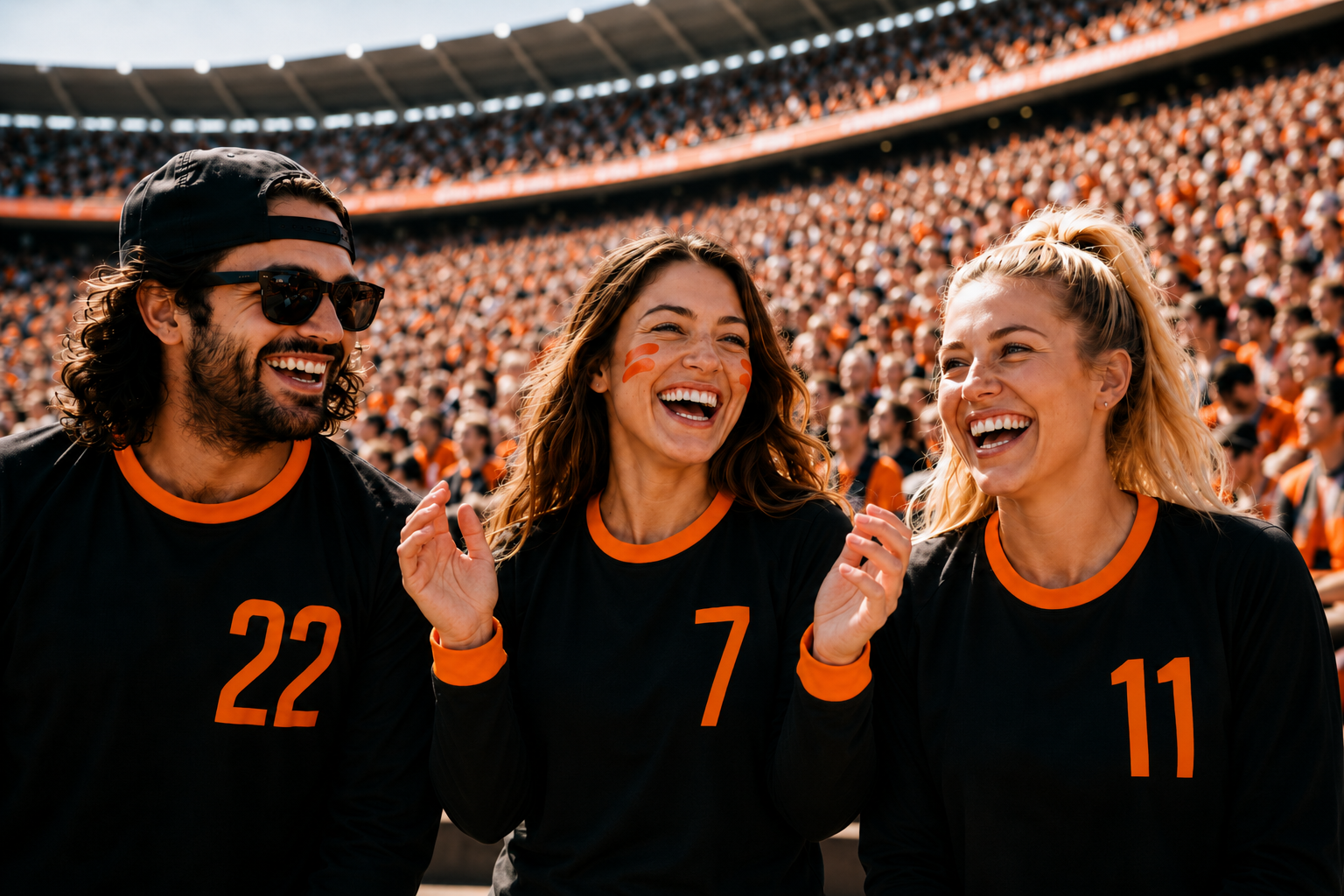 Drei gut gelaunte Fans in schwarz-orangefarbenen Trikots feiern gemeinsam auf einer voll besetzten Stadiontribüne.
