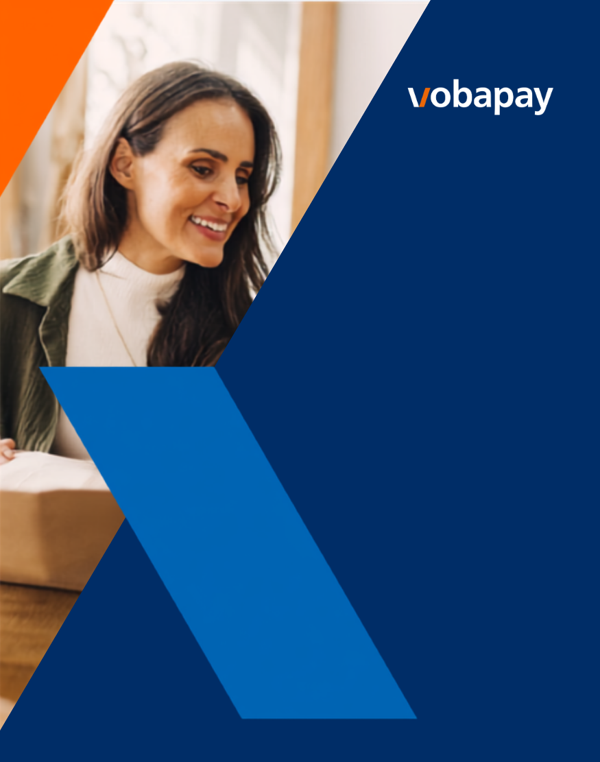 Lächelnde Frau beim Öffnen eines Pakets im vobapay Design mit Logo und grafischen Elementen.