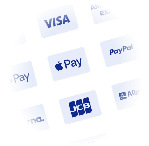 Schwebende Logos verschiedener Zahlungsarten, darunter Visa, Apple Pay, PayPal, JCB und Alipay.