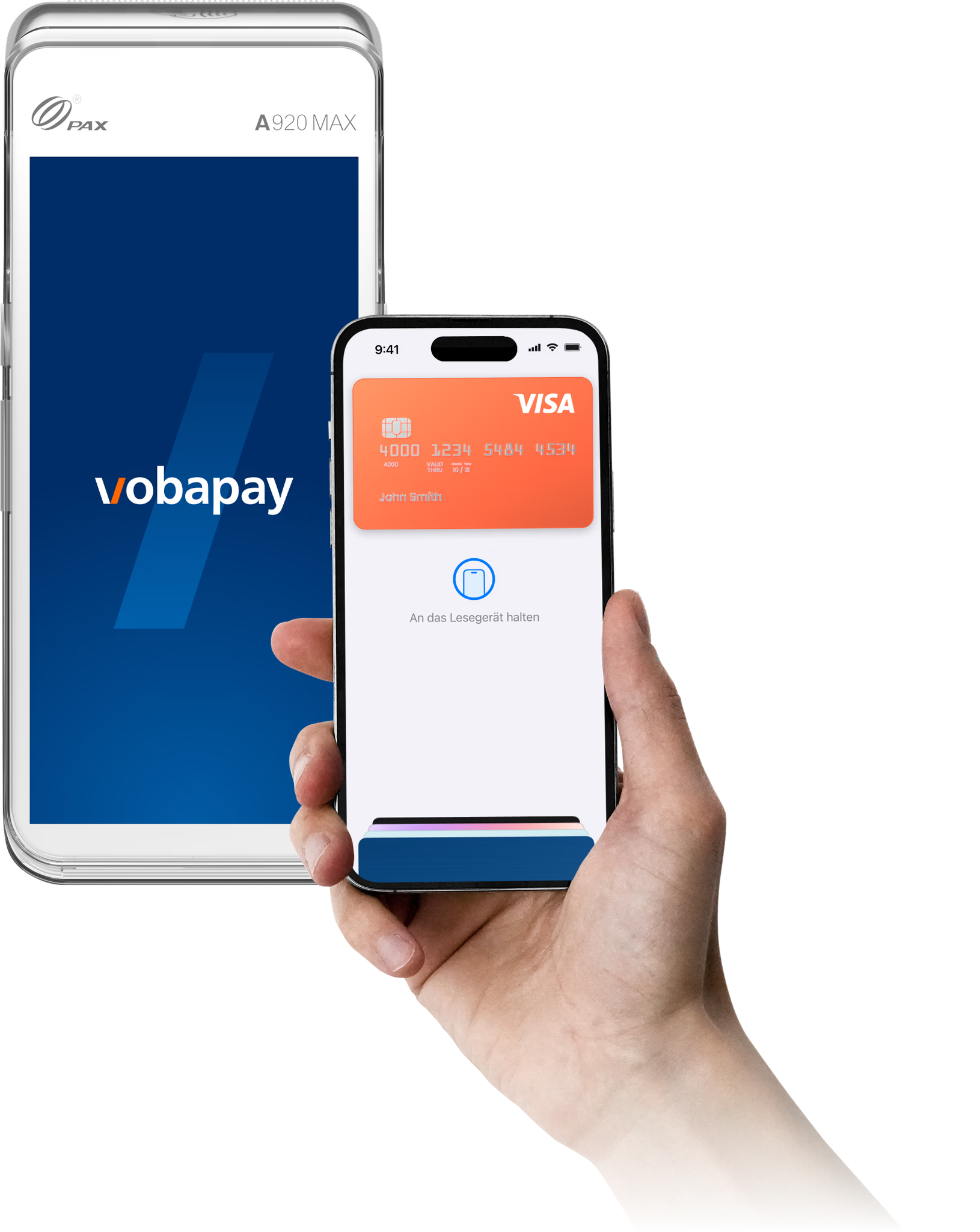 Hand hält ein Smartphone mit geöffneter vobapay-App vor einem POS-Zahlungsterminal mit vobapay-Startbildschirm.