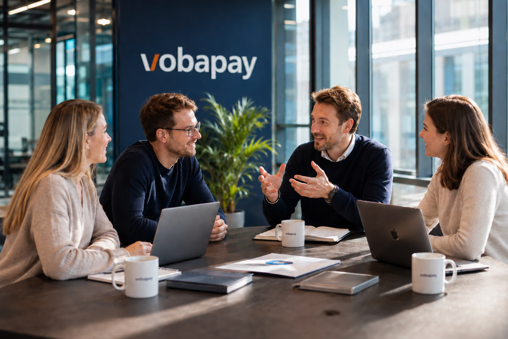 Vier Mitarbeitende sitzen mit Laptops an einem Besprechungstisch und führen ein Gespräch in einem modernen vobapay-Büro.