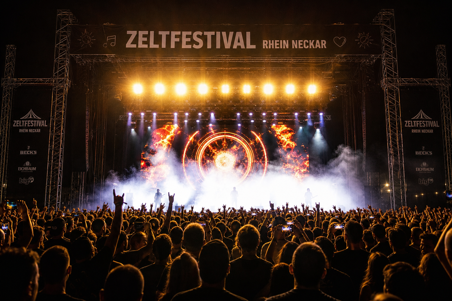 Große Konzertbühne beim Zeltfestival Rhein-Neckar mit Lichtshow, Bühneneffekten und jubelndem Publikum.