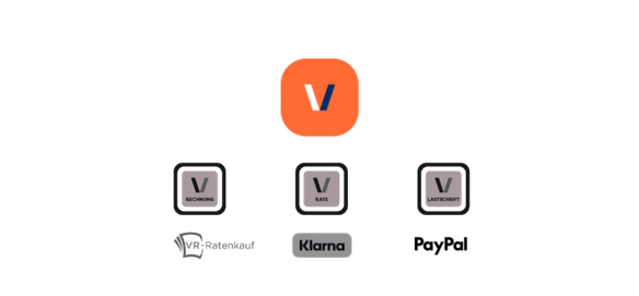 Übersicht flexibler Zahlungsarten rund um das vobapay-Logo, darunter Rechnungskauf, Ratenzahlung und Klarna.